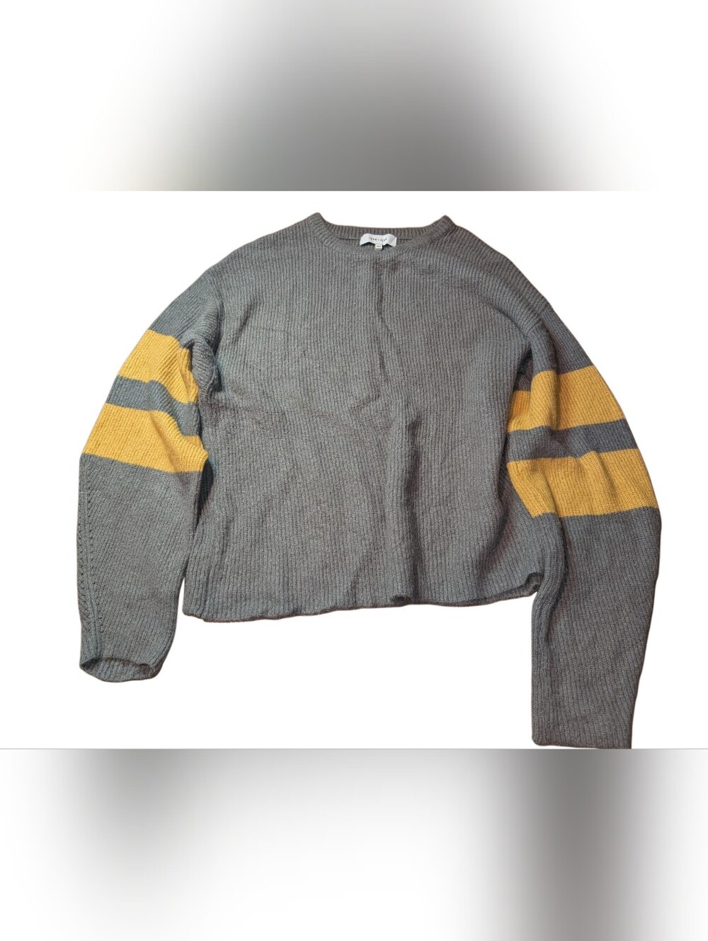 Gray Sweater with Yellow Stripe Sleeve - Casual Crewneck